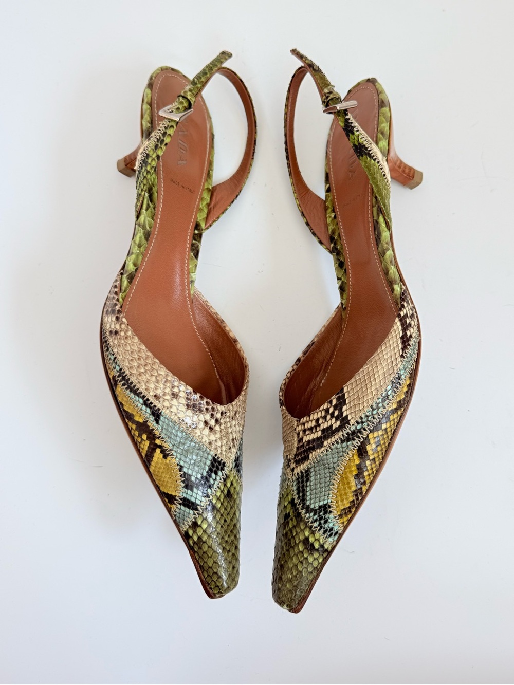 Prada 1P5478 Patch Summer Menta Python Snakeskin Slingback Heels 38 Y2K - Picture 3 of 8